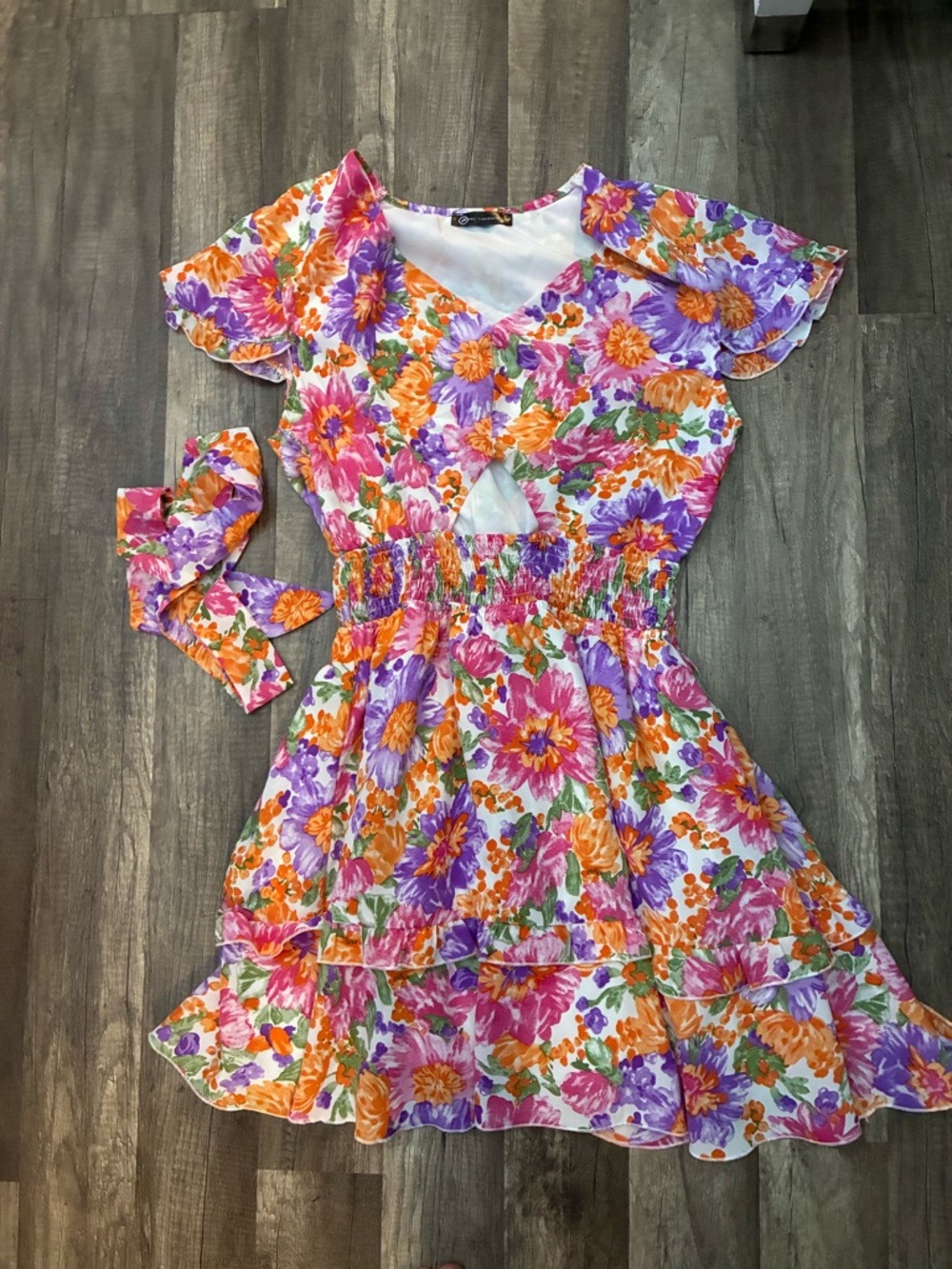 Floral Tie-Front Mini Dress in Pink, Purple & Orange